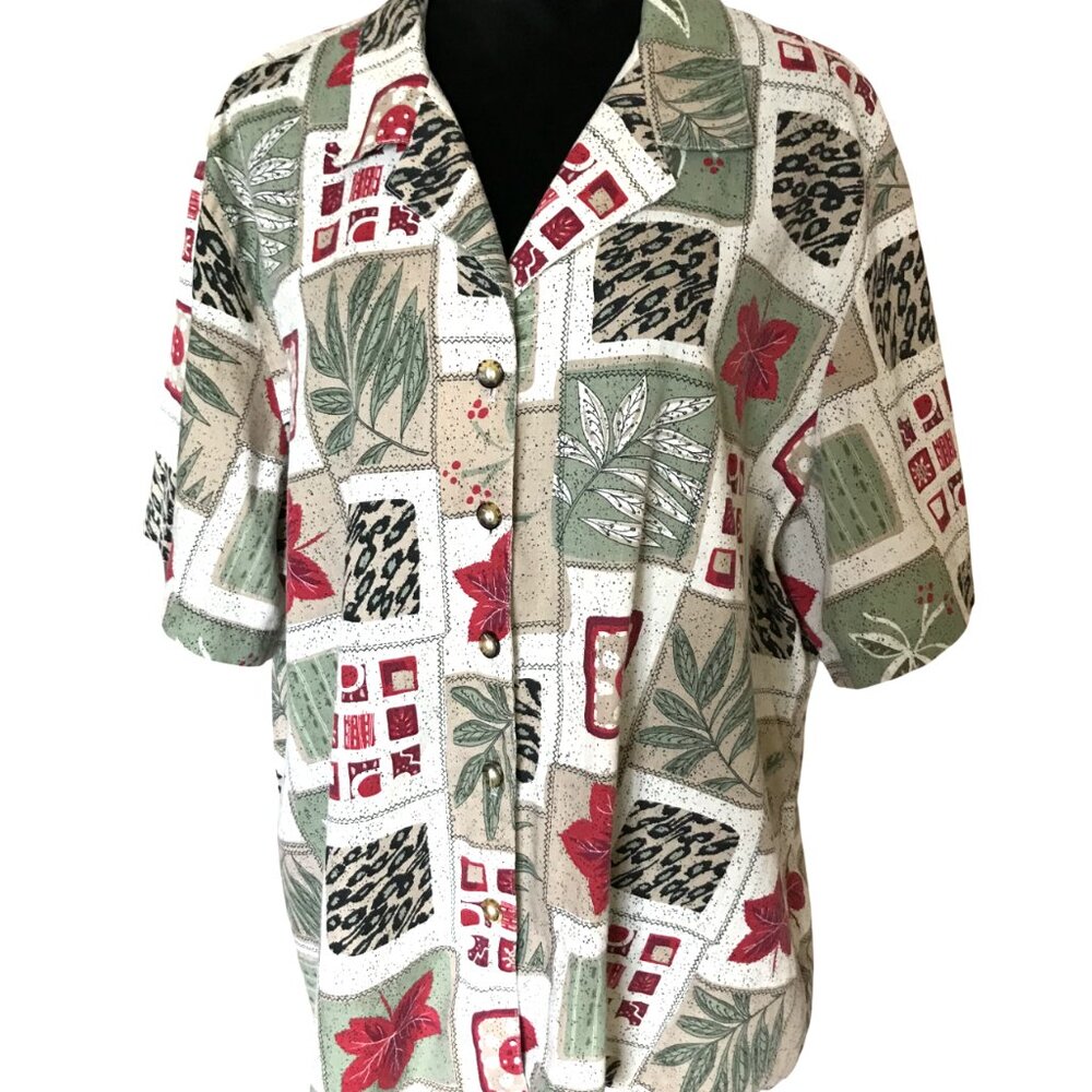 Tapestry Patchwork Print Button-Down Top, 80s Brown Red Leaf Print Plus Size 24
